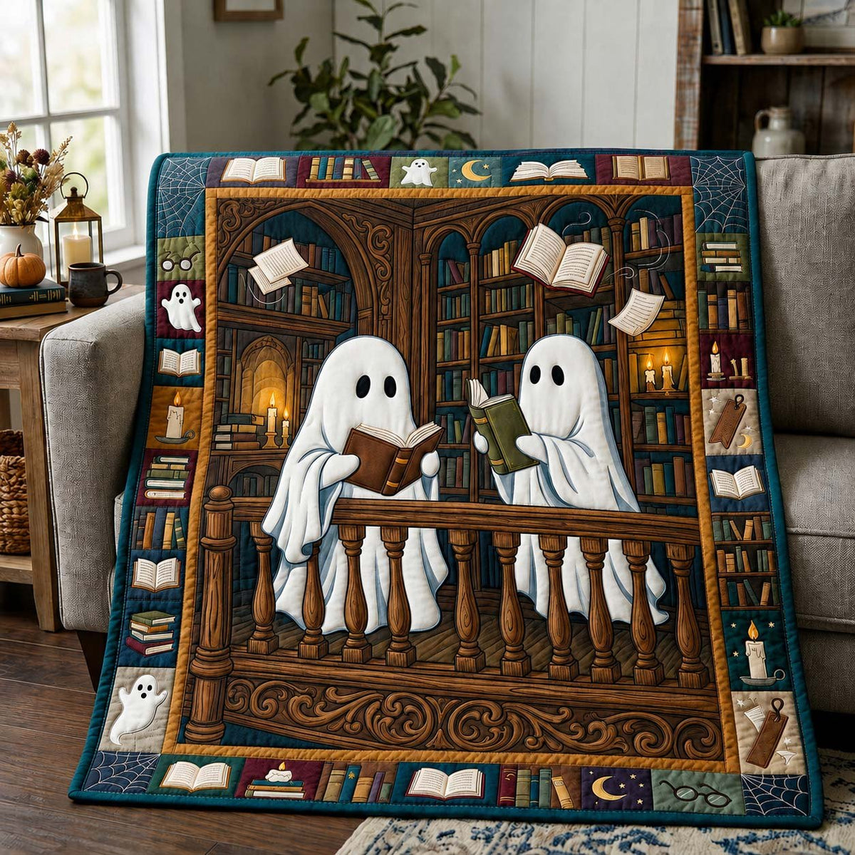 Haunted Library Ghosts Quilted Blanket printed blanket