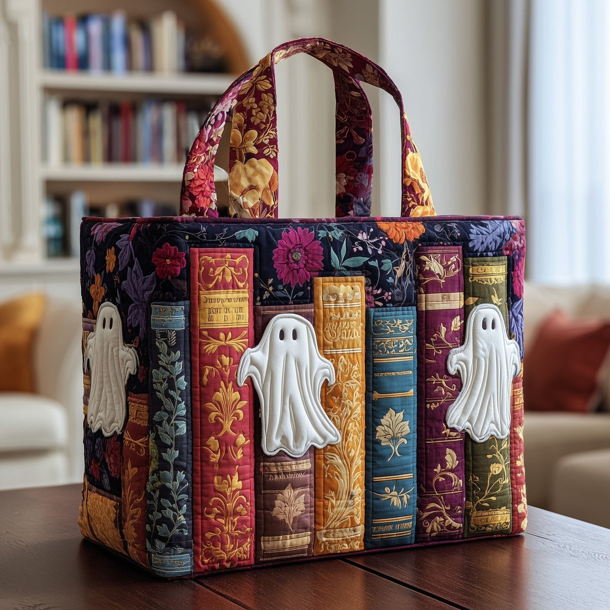 Haunted Library Quilted Tote Bag printed tote bag