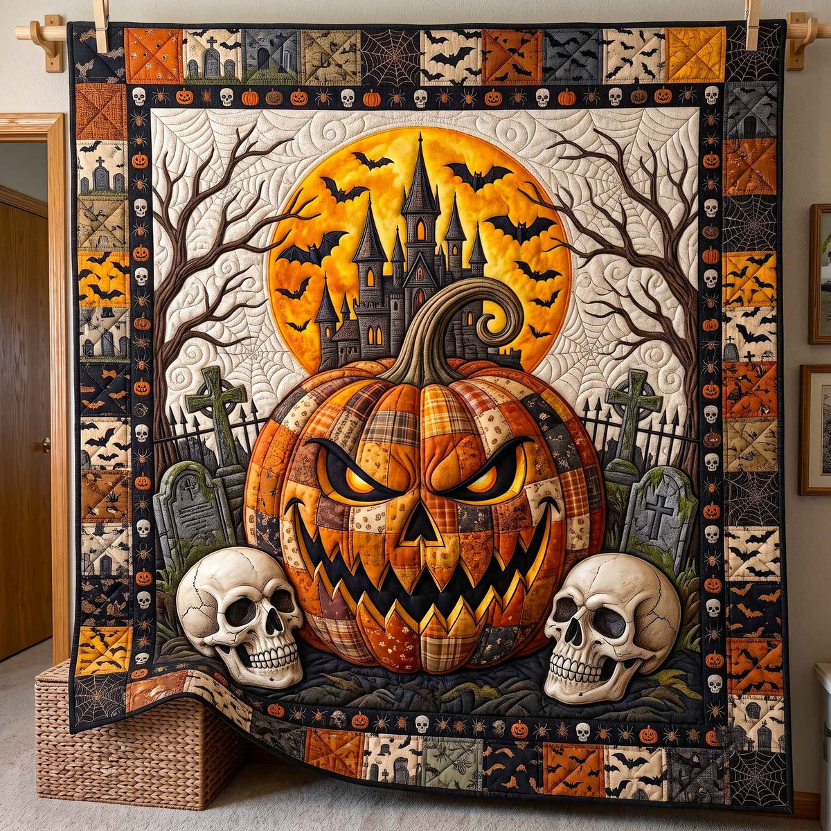 Haunted Pumpkin Quilted Blanket printed blanket