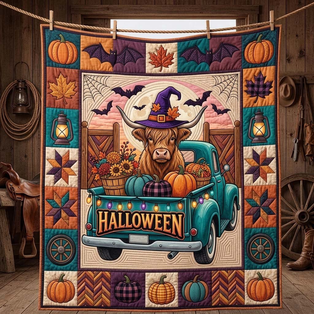 Highland Halloween Moonlight Ride Qulited Blanket printed blanket