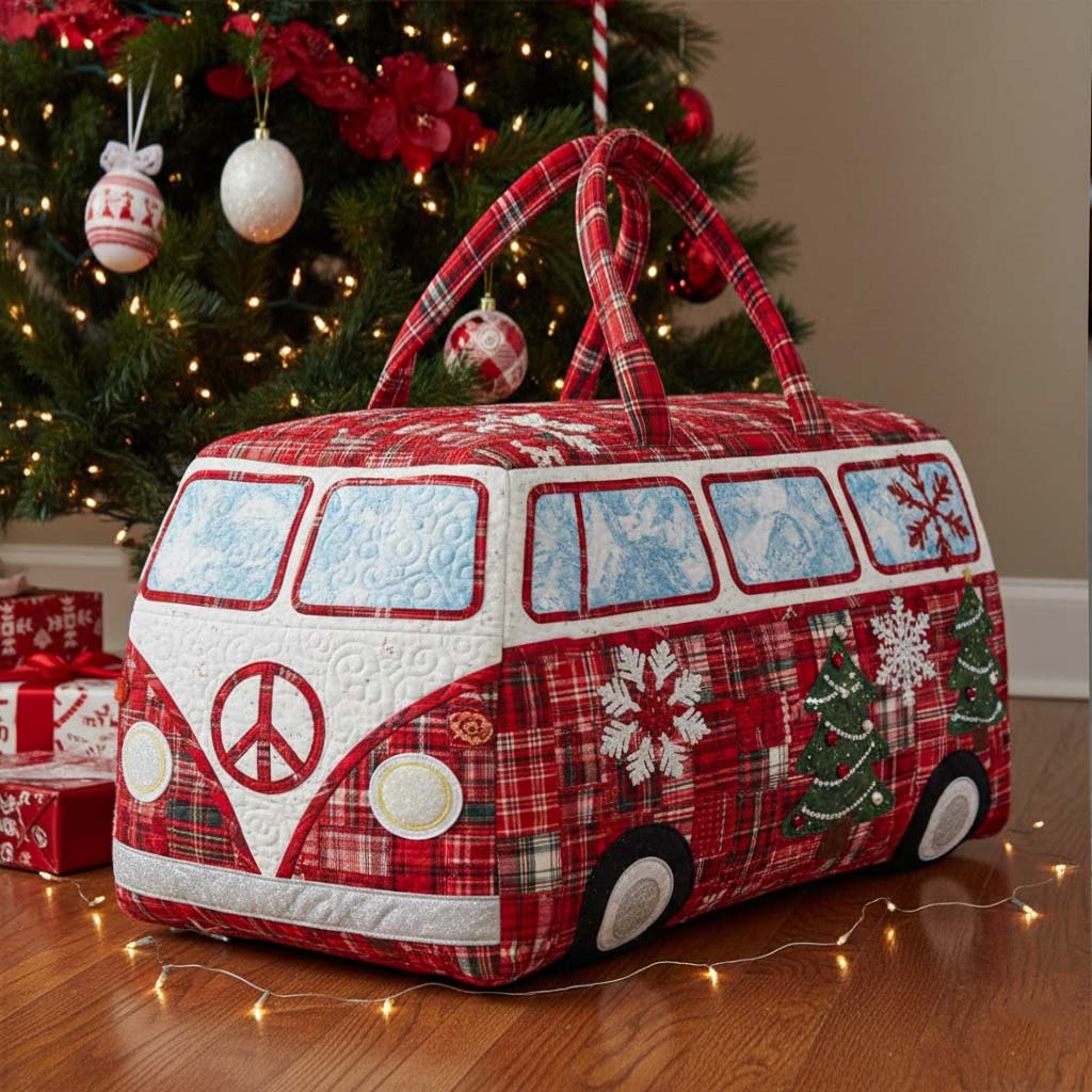 Hippie Christmas Ride Quilted Duffle Bag printed quilted duffle bag