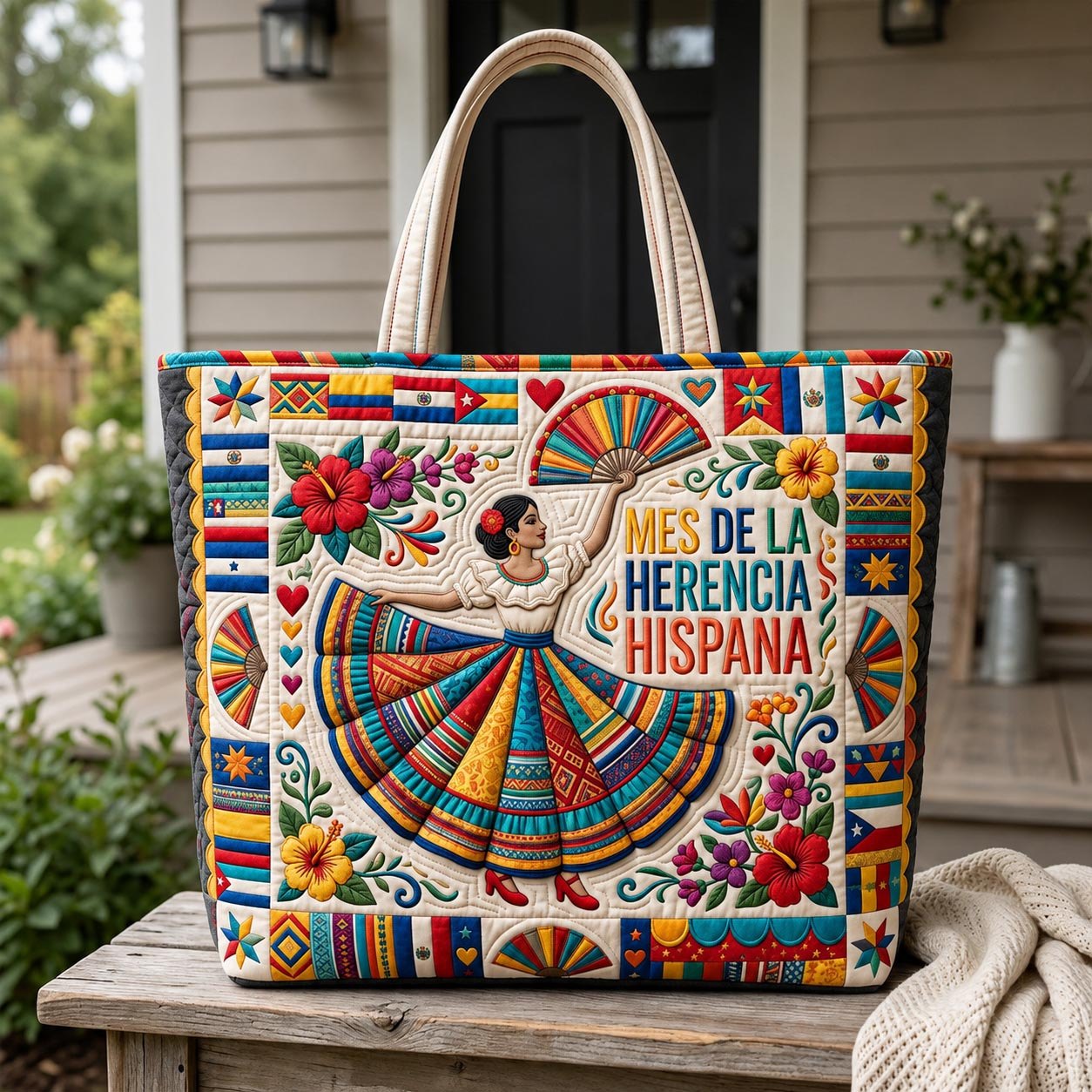 Hispanic Heritage Latina Lady Quilted Tote Bag printed quilted tote bag