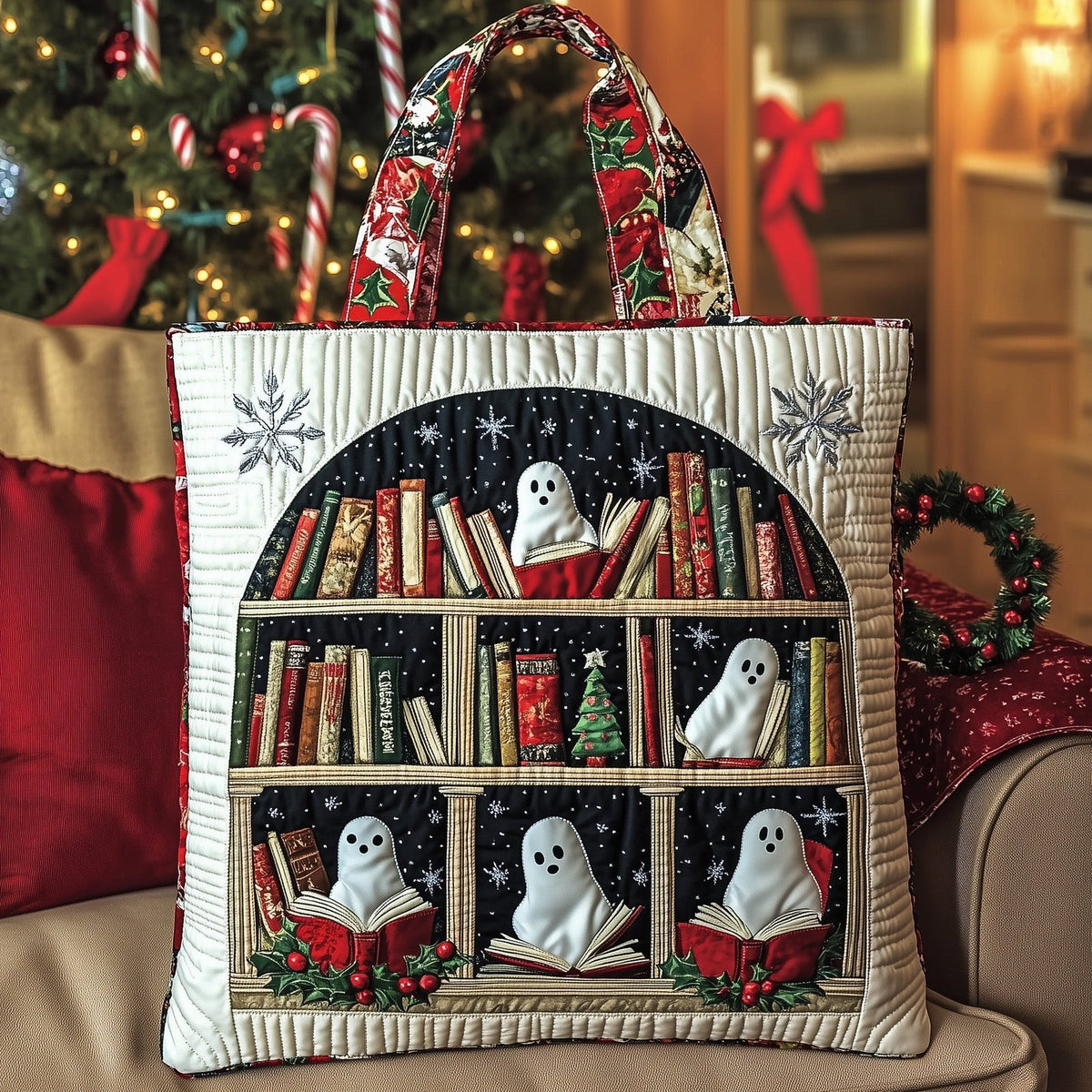 Holiday Bookworm Quilted Tote Bag printed tote bag
