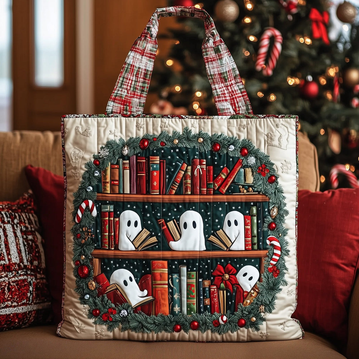 Holiday Bookworm Quilted Tote Bag printed tote bag