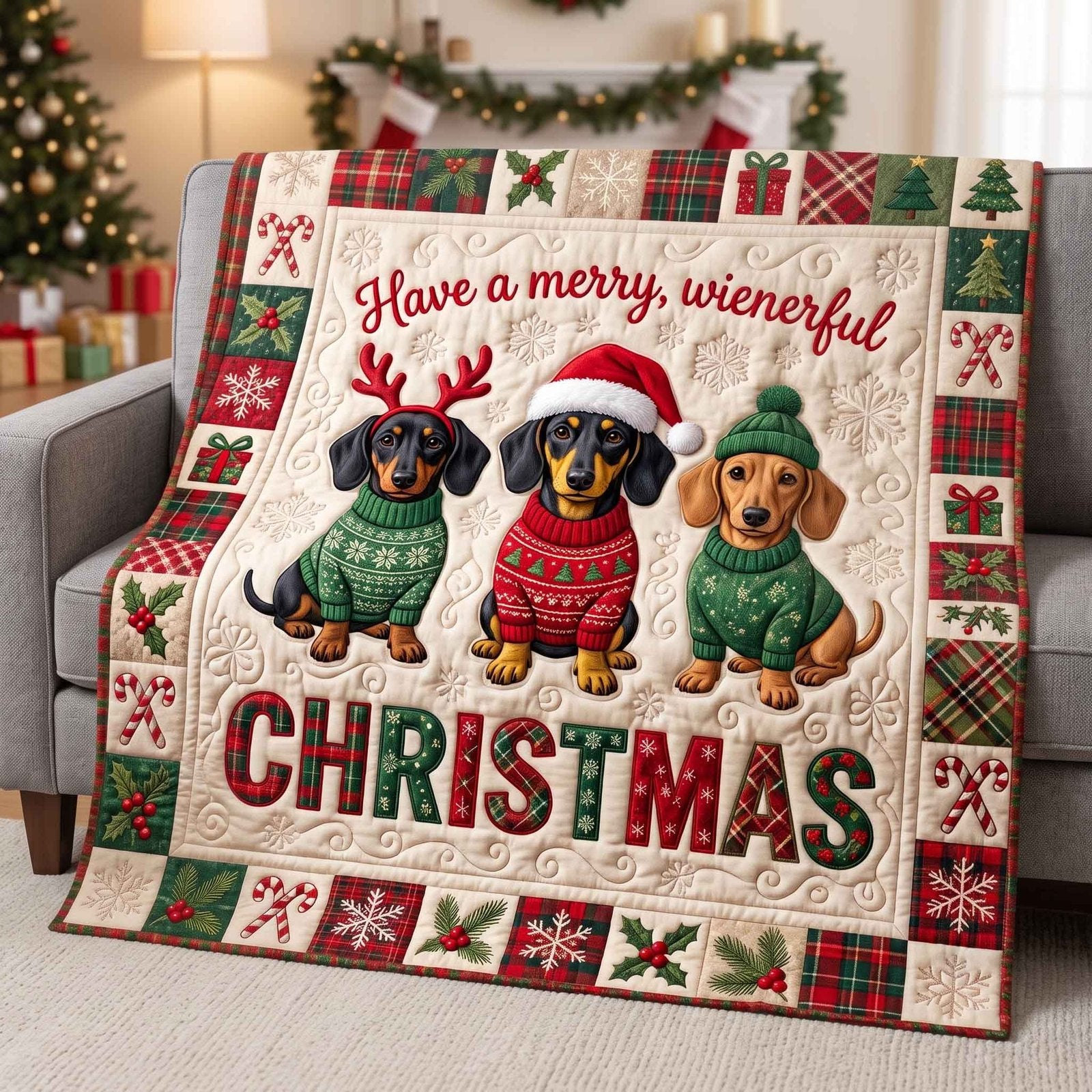 Holiday Wiener Quilted Blanket printed quilt blanket