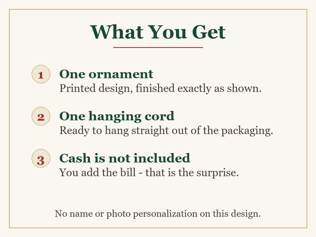 What you get: one ornament and one hanging cord; cash is not included