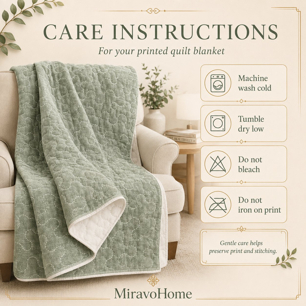 Quilt Blanket size and care information