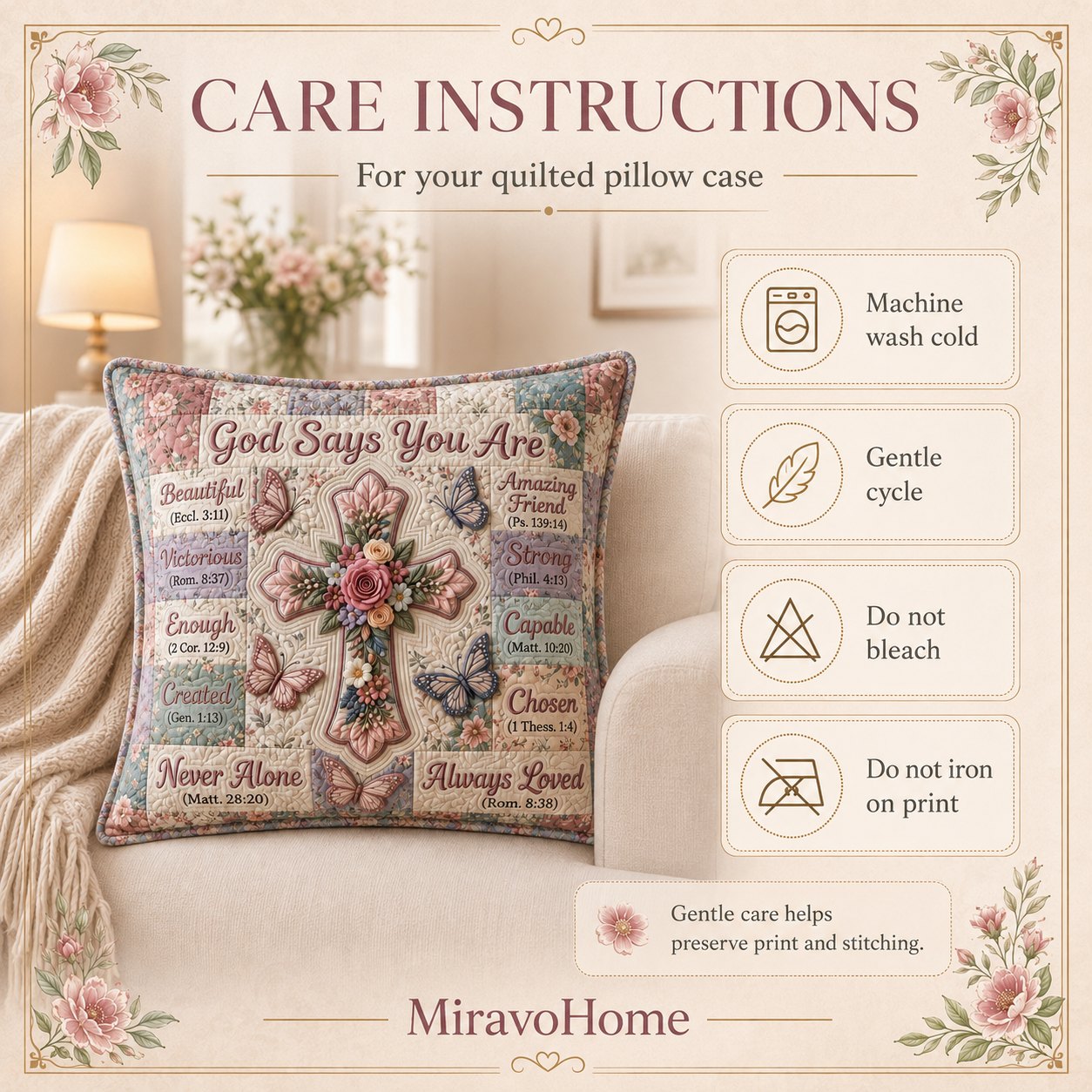 Quilted Cushion Cover size and care information