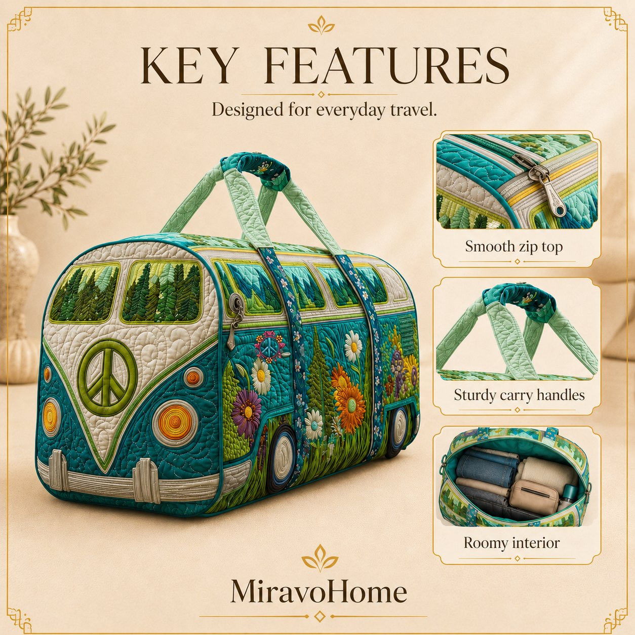Quilted Duffle Bag size and care information
