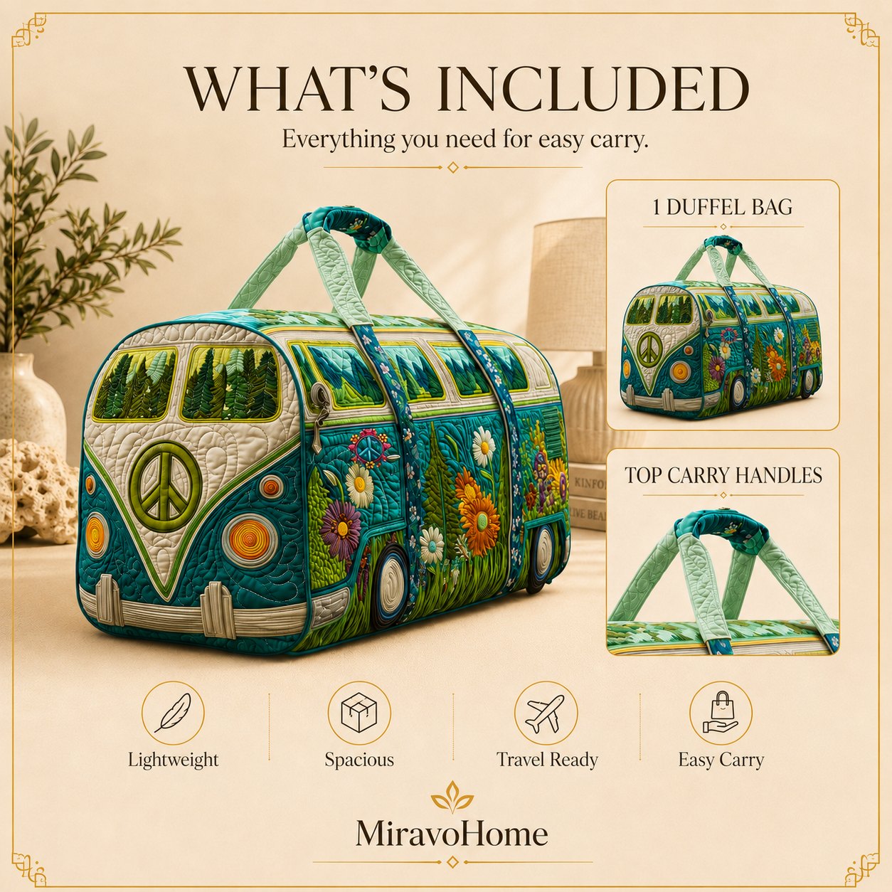 Quilted Duffle Bag size and care information