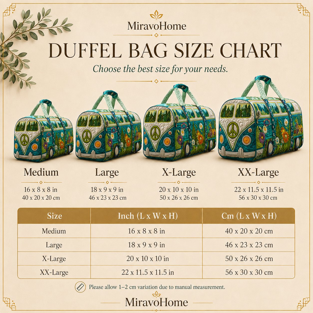 Quilted Duffle Bag size and care information