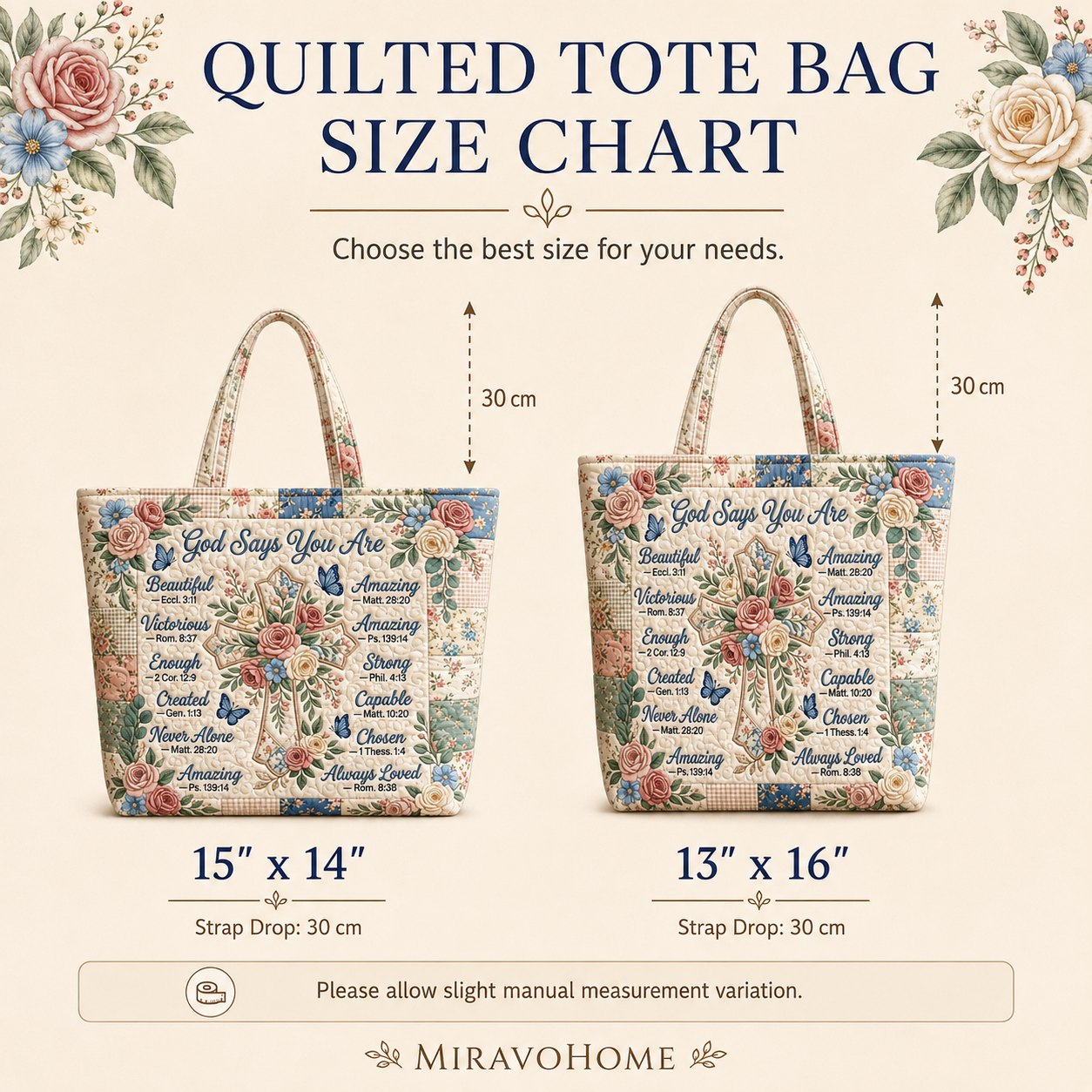 Quilted Tote Bag size and care information
