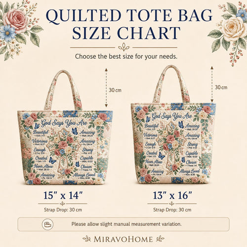 Quilted Tote Bag size and care information