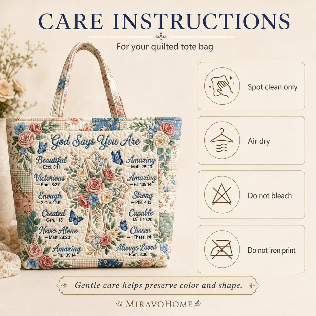 Quilted Tote Bag size and care information