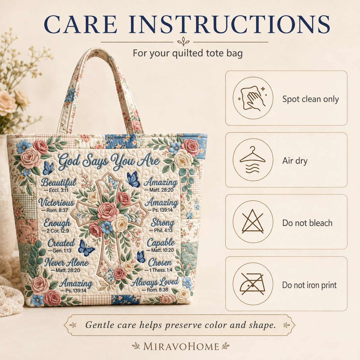 Quilted Tote Bag size and care information