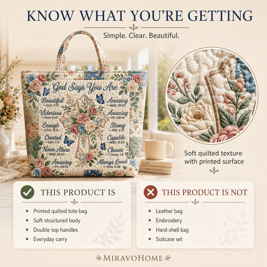 Quilted Tote Bag size and care information