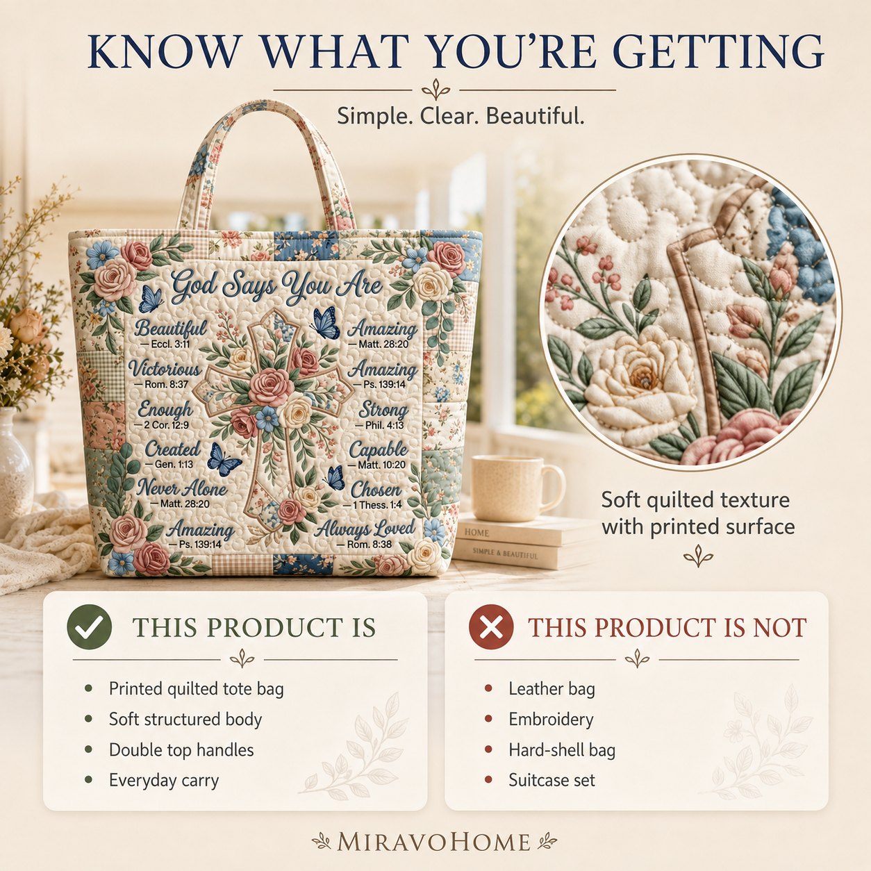 Quilted Tote Bag size and care information