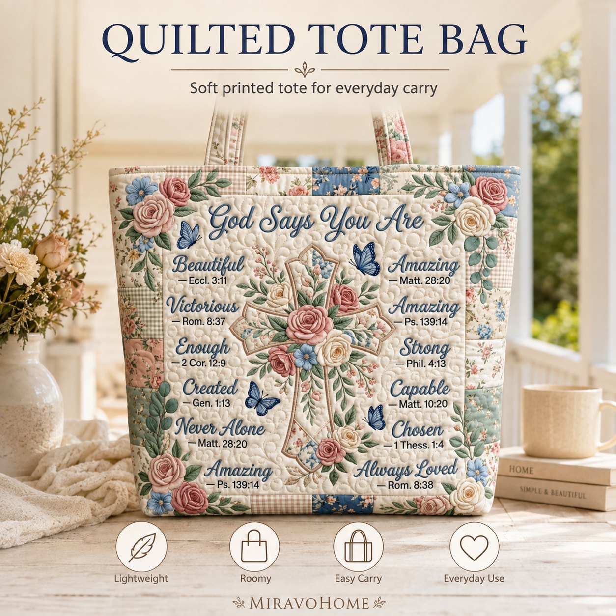 Quilted Tote Bag size and care information