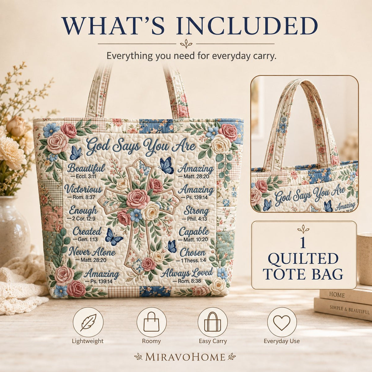 Quilted Tote Bag size and care information