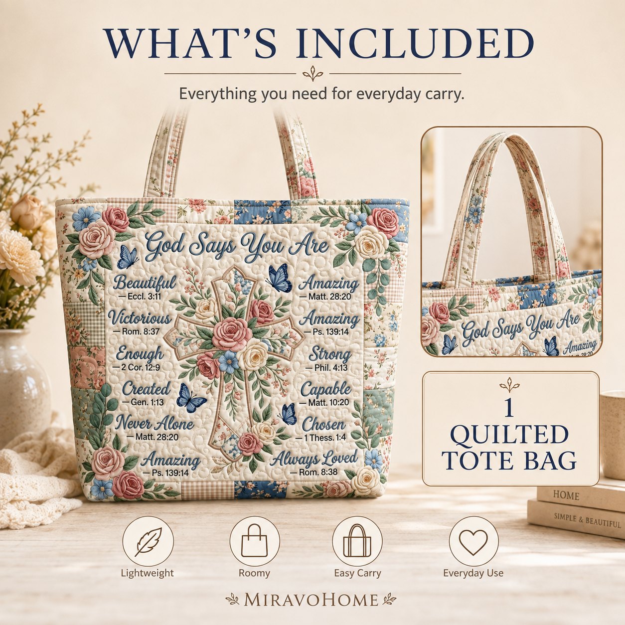 Quilted Tote Bag size and care information