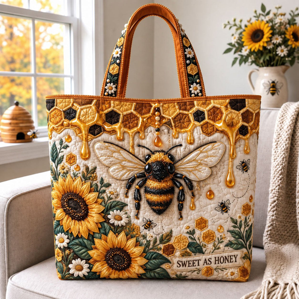 Honey Bee Tunnel Quilted Tote Bag printed tote bag