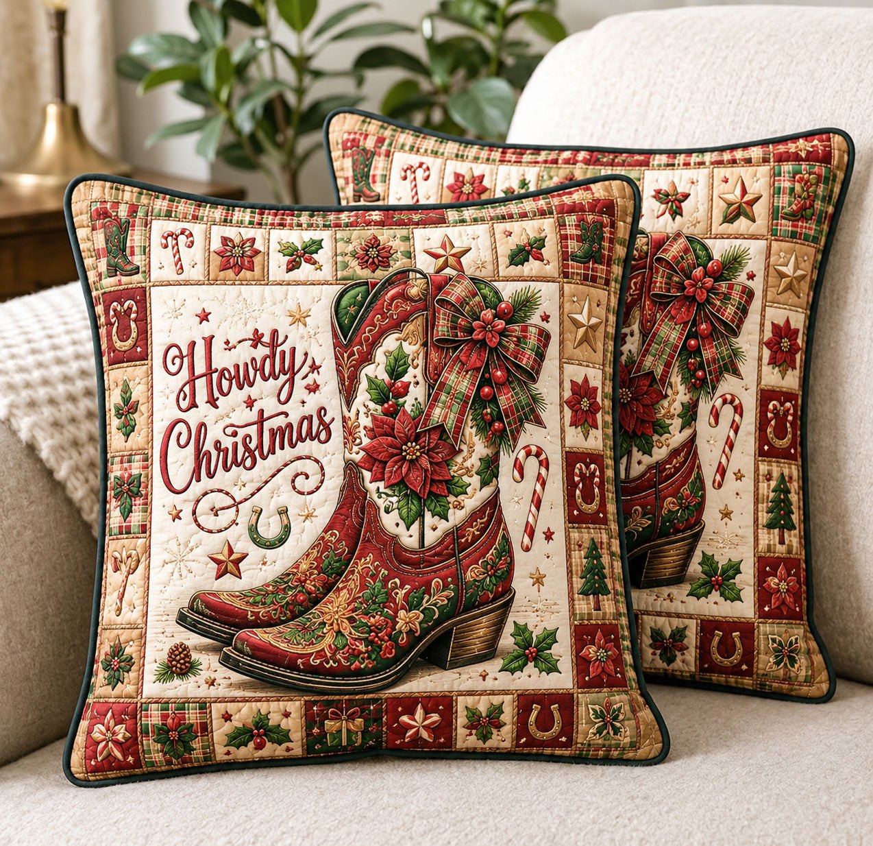 Howdy Christmas Cowboy Boots Quilted Pillow Case printed quilted cushion cover