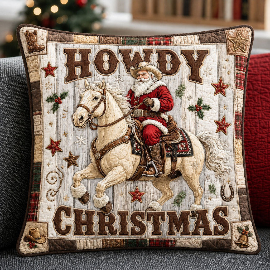 Howdy Christmas Santa On Horse Quilted Pillow Case printed quilted cushion cover