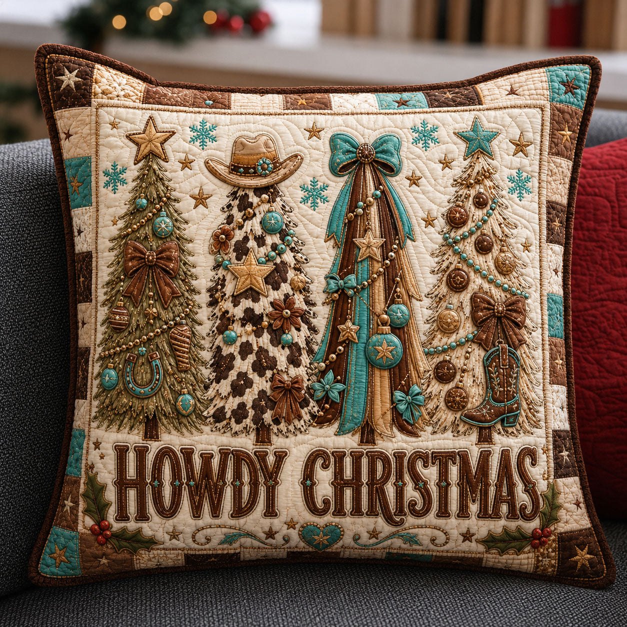 Howdy Christmas Western Trees Quilted Pillow Case printed quilted cushion cover