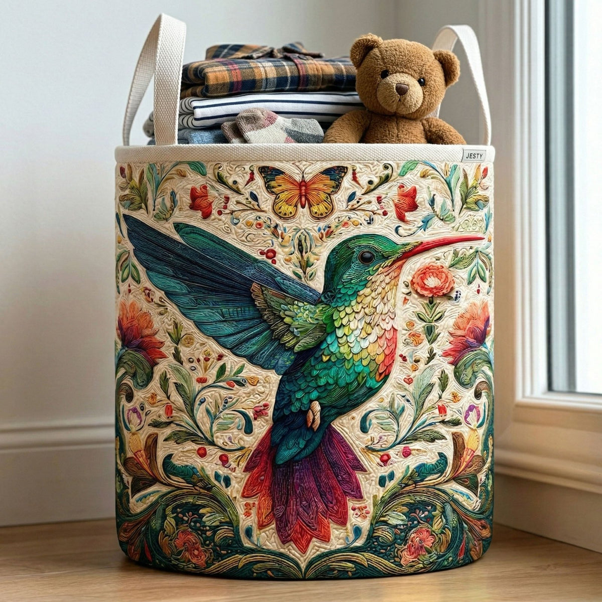 Hummingbird and Butterflies printed laundry hamper