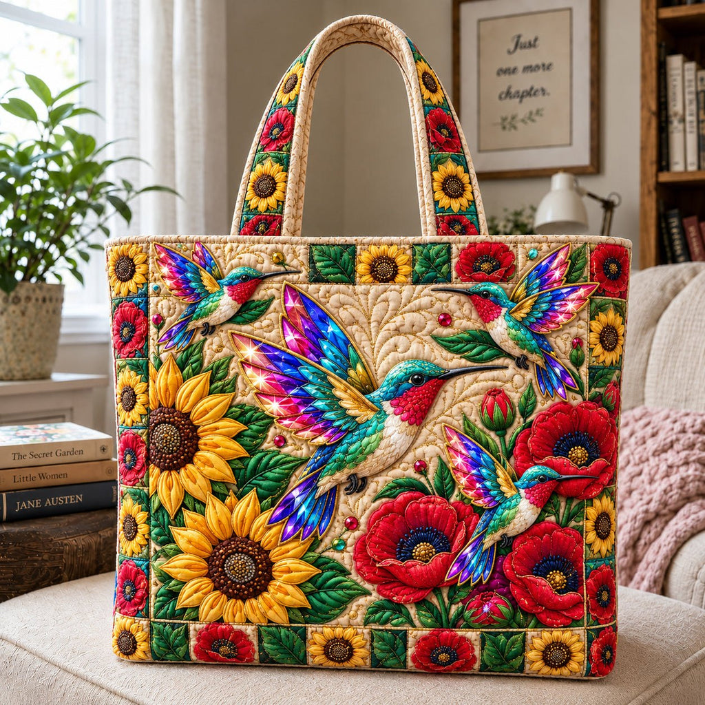 Hummingbird Blossom Paradise Quilted Tote Bag printed tote bag