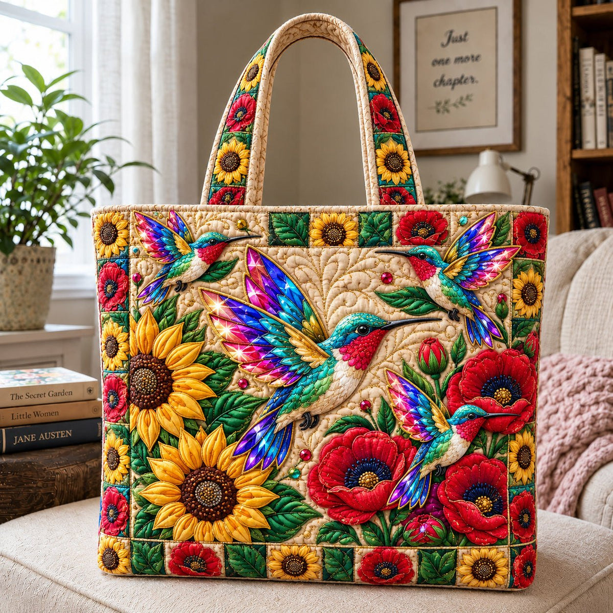 Hummingbird Blossom Paradise Quilted Tote Bag printed tote bag