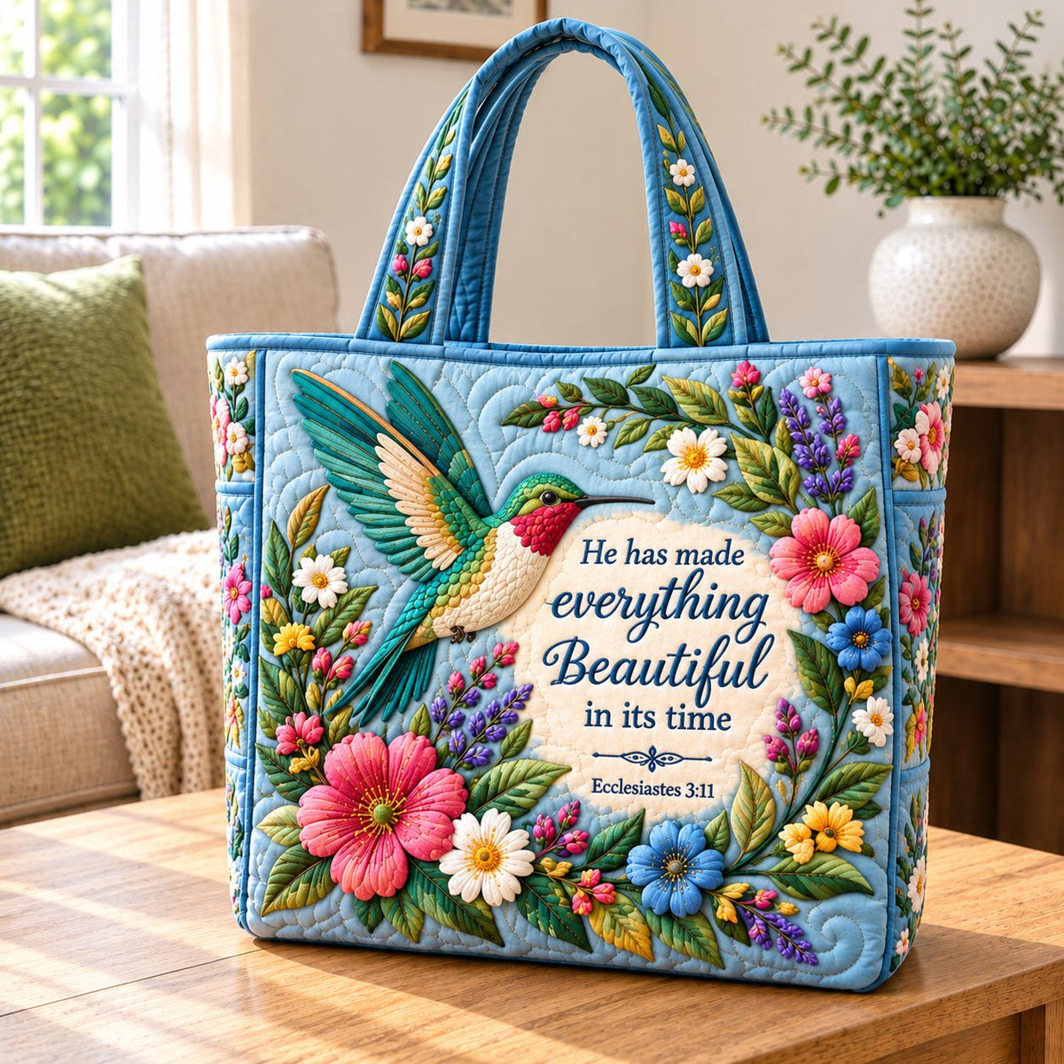 Hummingbird Blossom Quilted Tote Bag printed tote bag