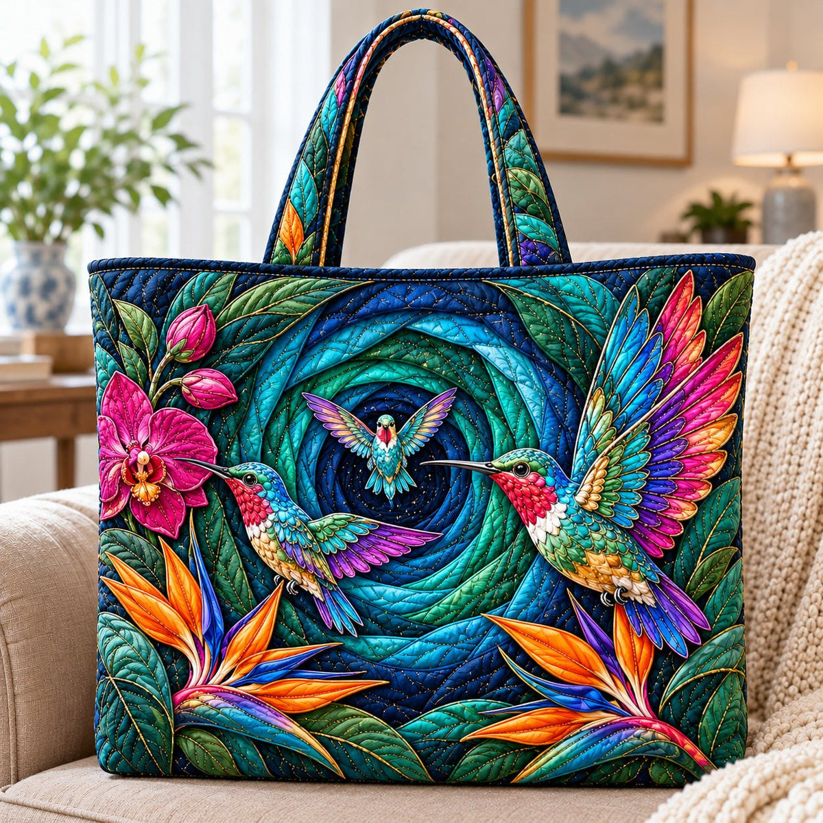 Hummingbird Enchanted Garden Quilted Tote Bag printed tote bag