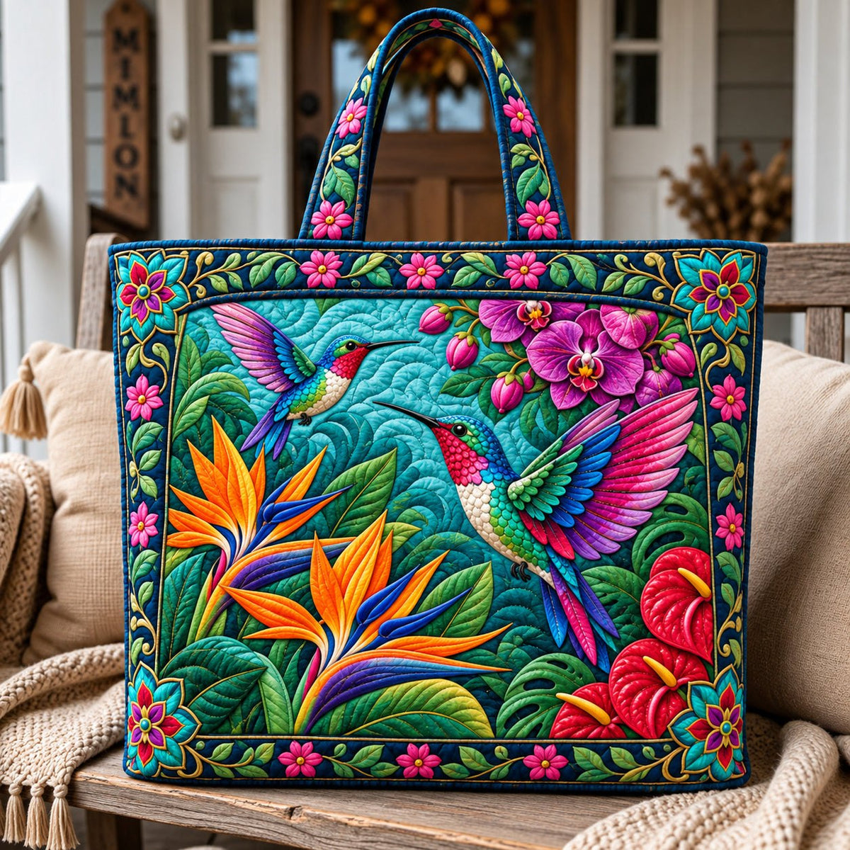 Hummingbird Floral Dance Quilted Tote Bag printed tote bag
