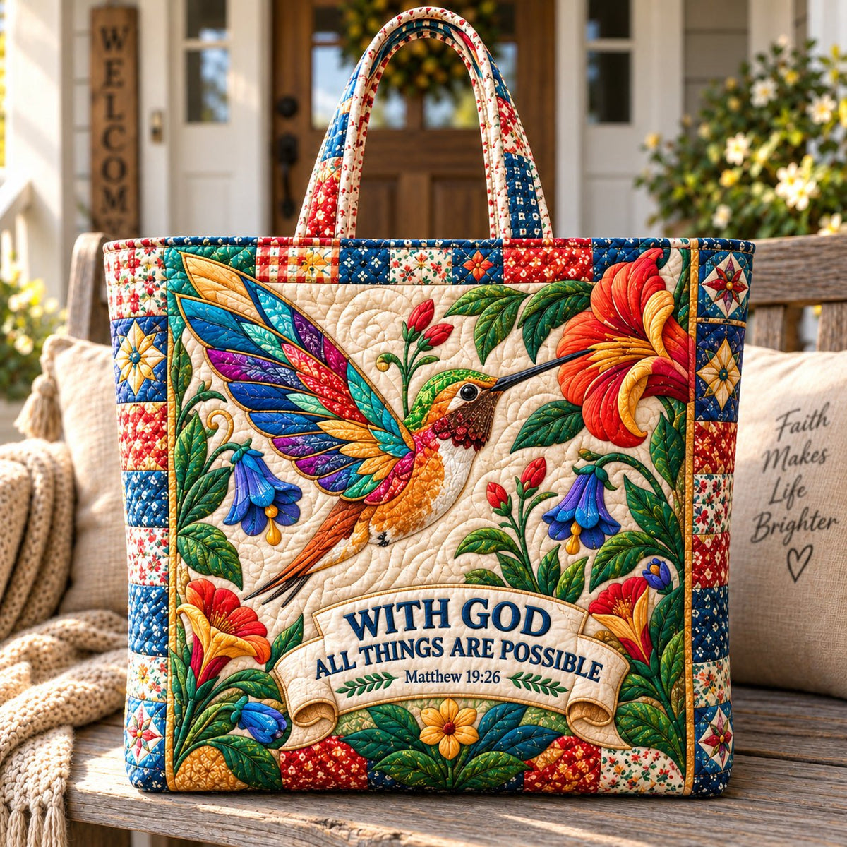 Hummingbird With God All Things Possible printed tote bag