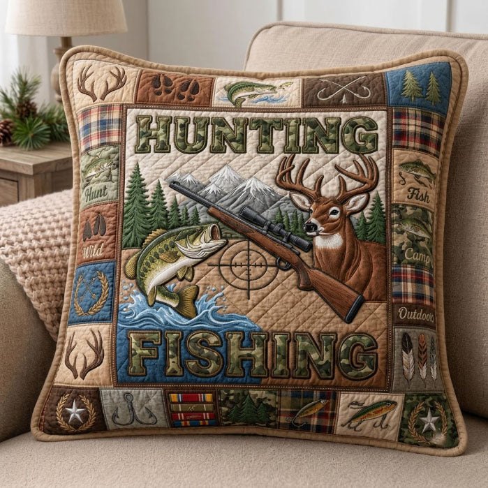 Hunting And Fishing Quilted Pillow Case printed quilted cushion cover