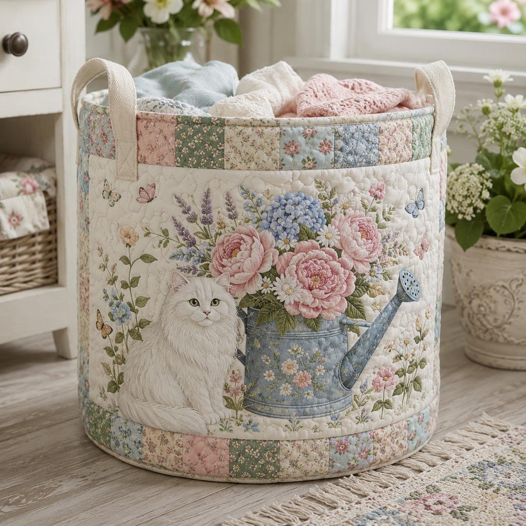 Hydrangea Cat Haven Quilted Laundry Hamper printed laundry hamper