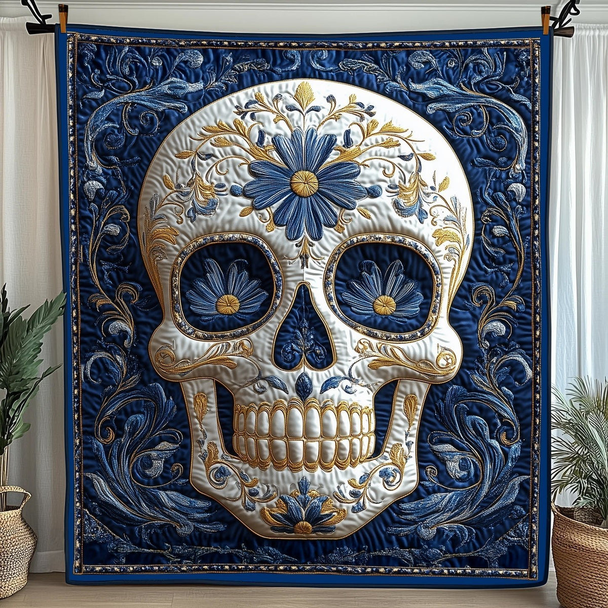 Intricate Floral Skull Quilted Blanket printed blanket