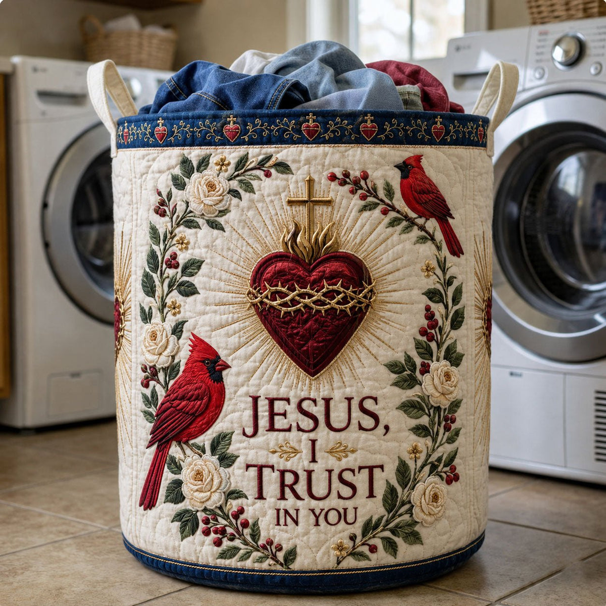 Jesus I Trust In You Quilted Laundry Hamper printed laundry hamper