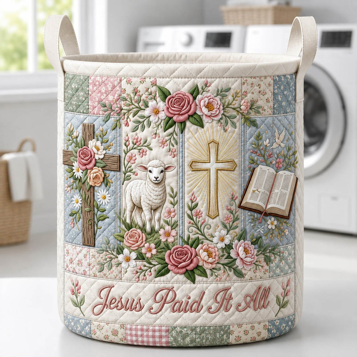 Jesus Paid It For All Quilted Laundry Hamper printed laundry hamper