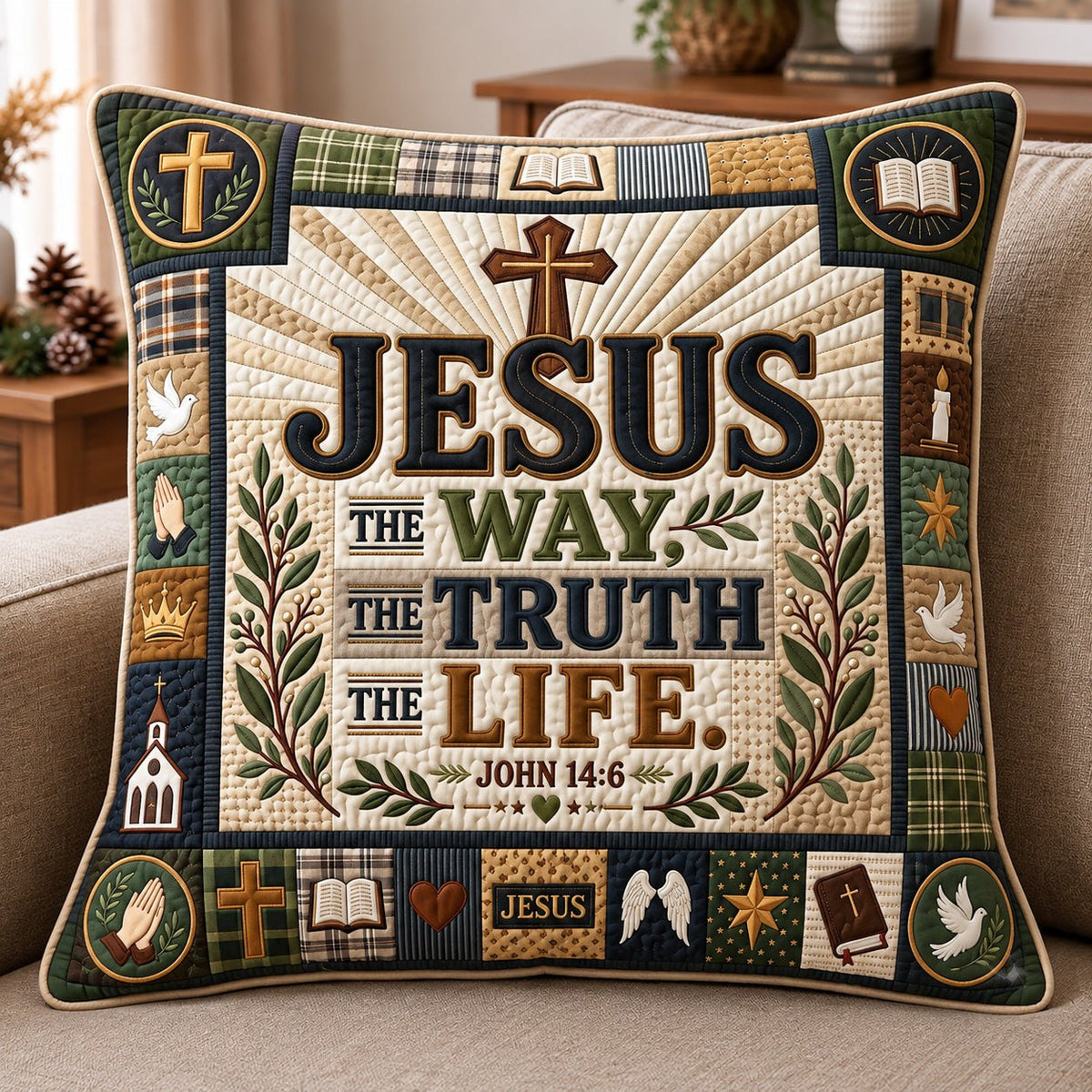 Jesus Way Truth Life Plaid Cross printed cushion cover