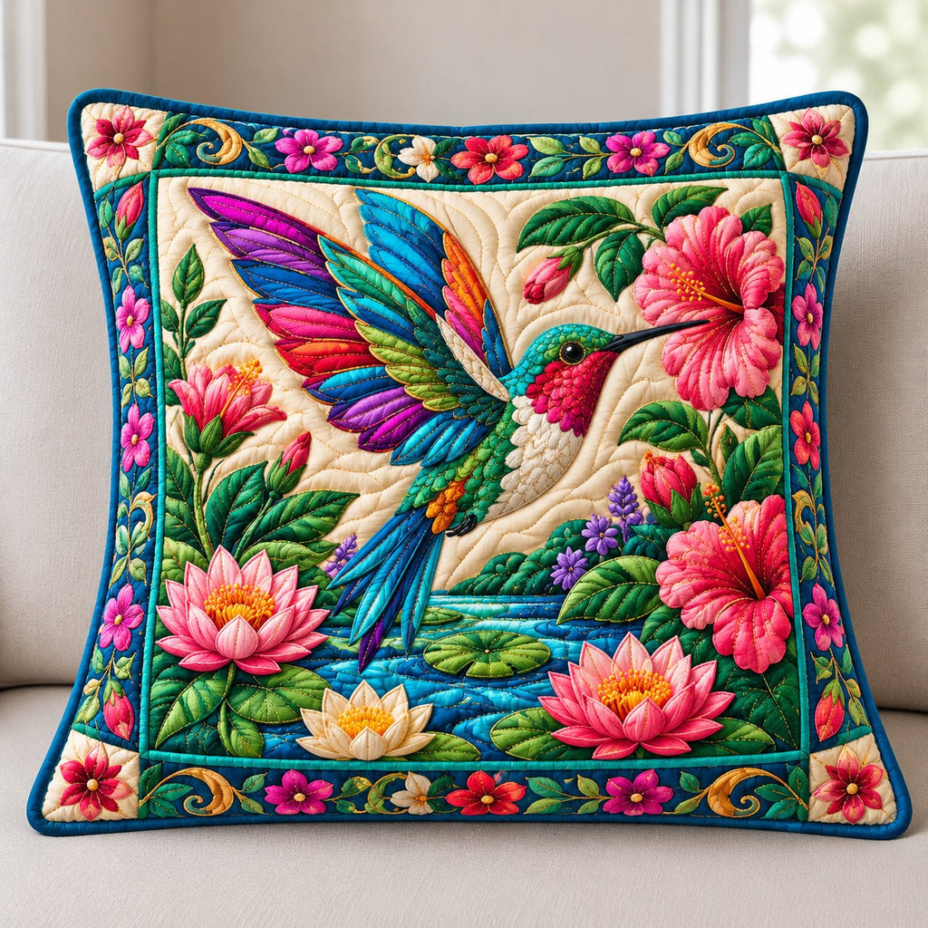 Jeweled Hummingbird Water Garden Quilted Cushion Cover printed cushion cover