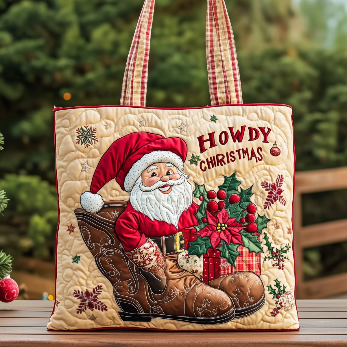 Joyful Santa Quilted Tote Bag printed tote bag