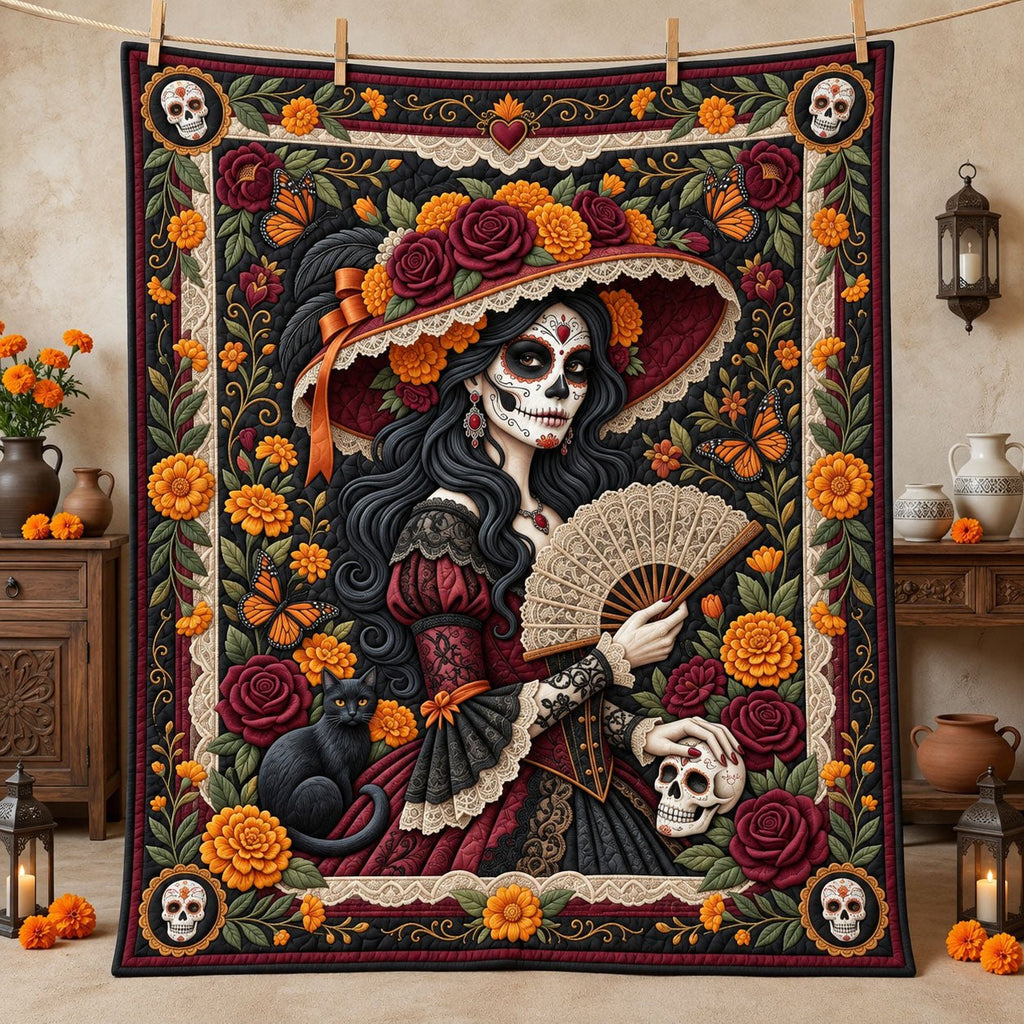 Lace Fan La Catrina Quilted Blanket printed blanket