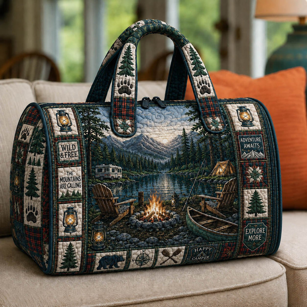 Lakeside Campfire Quilted Duffle Bag printed quilted duffle bag