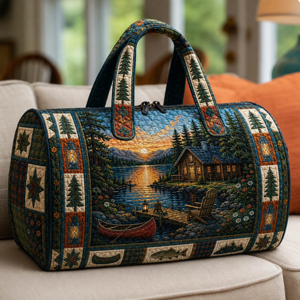 Lakeside Sunset Quilted Duffle Bag printed quilted duffle bag