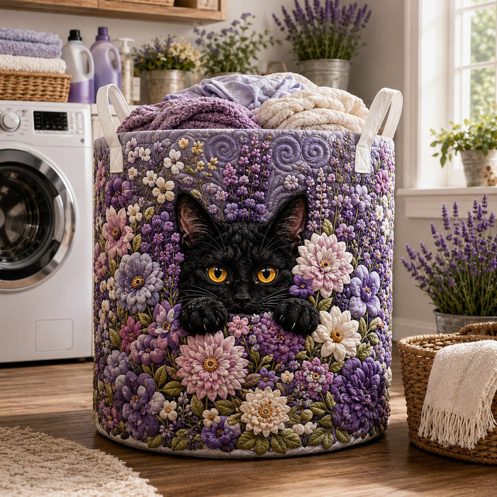 Lavender Bloom Black Cat printed laundry hamper