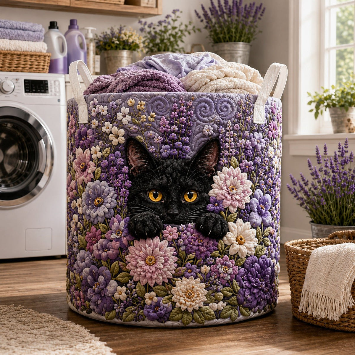 Lavender Bloom Black Cat printed laundry hamper
