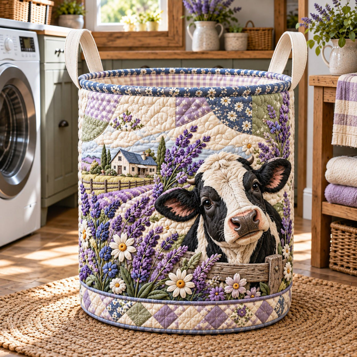Lavender Farm Cow Quilted Laundry Hamper printed laundry hamper