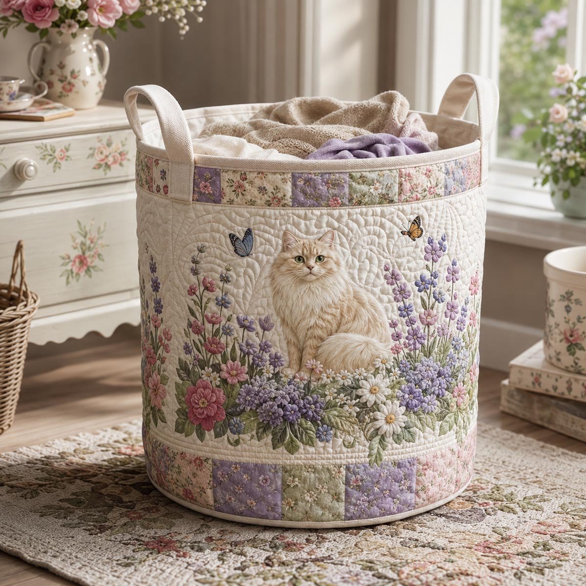 Lavender Whiskers Quilted Laundry Hamper printed laundry hamper